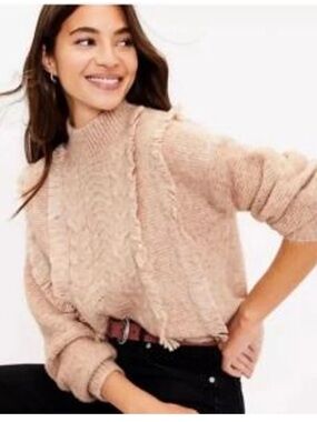 NWT Ann Taylor LOFT Fringe Textured Chunky Knit Mock Pullover Sweater Tan Small